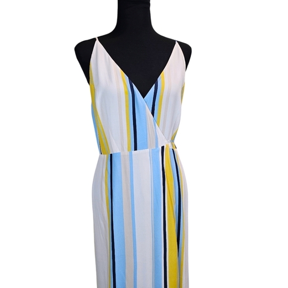 Yumi Kim Striped V-Neck Wrap Full Length Maxi Dress Medium White Spaghetti Strap - Picture 7 of 14